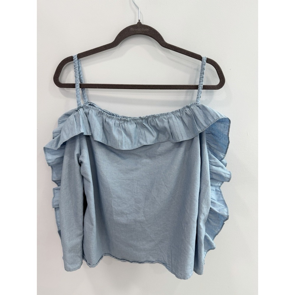 Love by Design Chambray Off Shoulder Ruffle Peasant Top Blue Medium Boho Chic - Picture 3 of 7